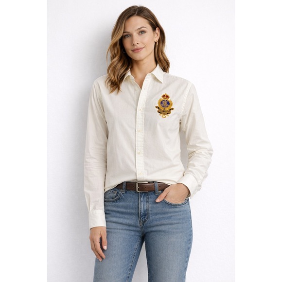 Lauren Ralph Lauren Tops - Lauren Ralph Lauren Womens XL White Crest Embroidered Button Down Shirt Blouse